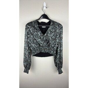 Lost + Wander - Small - Paisley Wrap V-Neck Cropped Blouse, Black/Grey, Long Sle